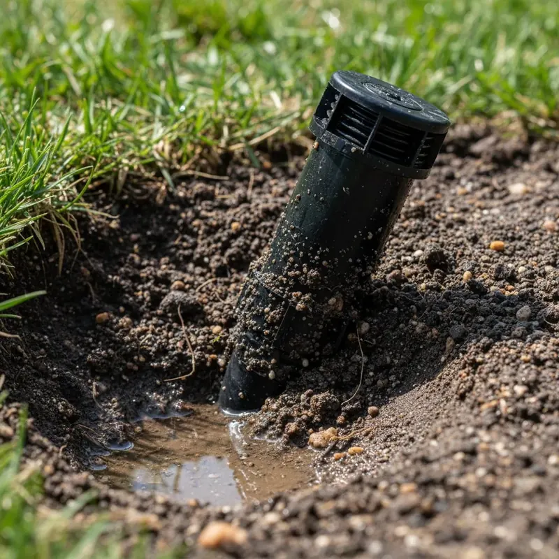 Tilted sprinkler sunken into the soil spraying sideways