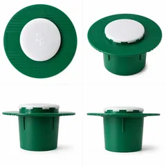 Sprinkler-Guard Cover shown on the green guard, top and side views