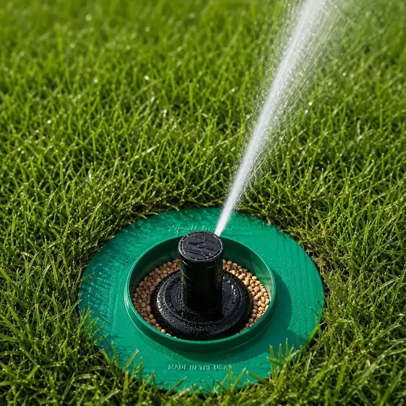 Sprinkler-Guard 5-Inch protecting a sprinkler head as it sprays on a green lawn