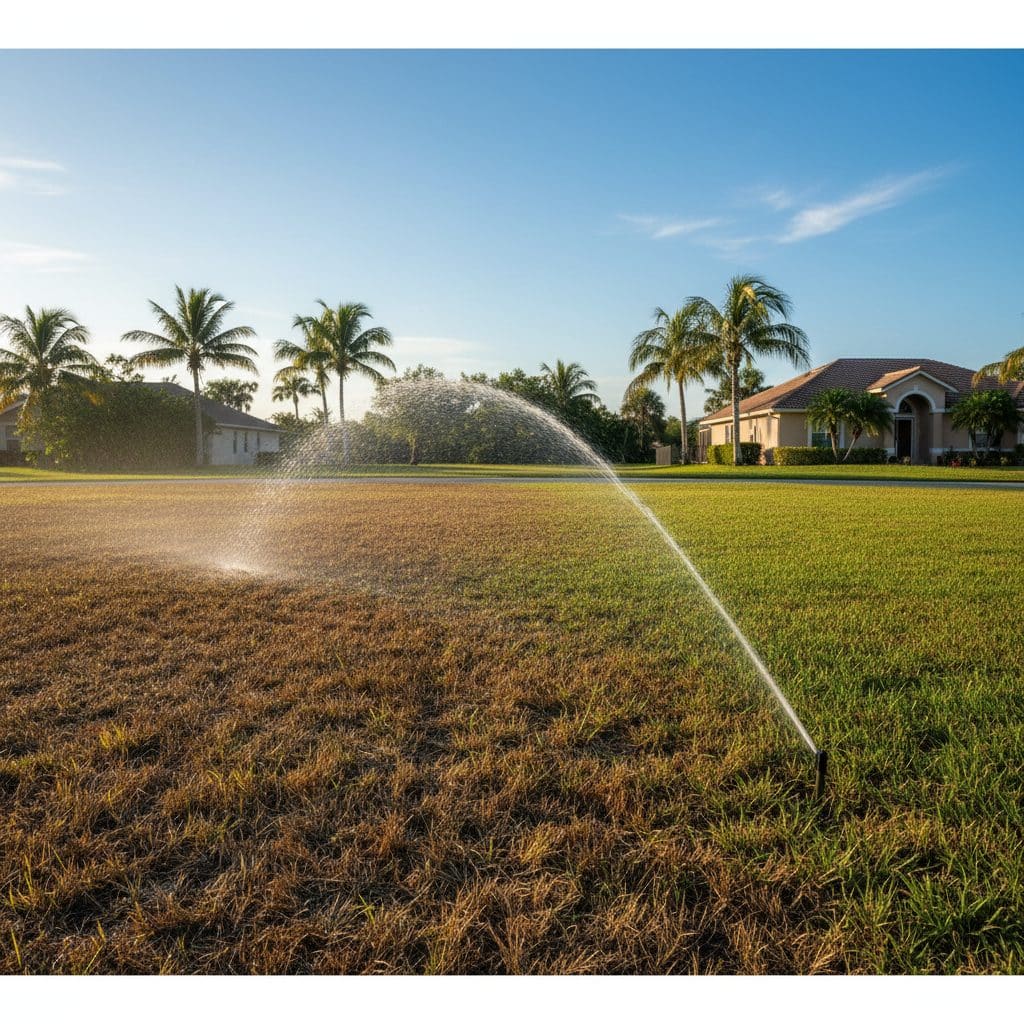 Florida lawn during 2026 drought with sprinkler running - brown stressed grass vs green watered section