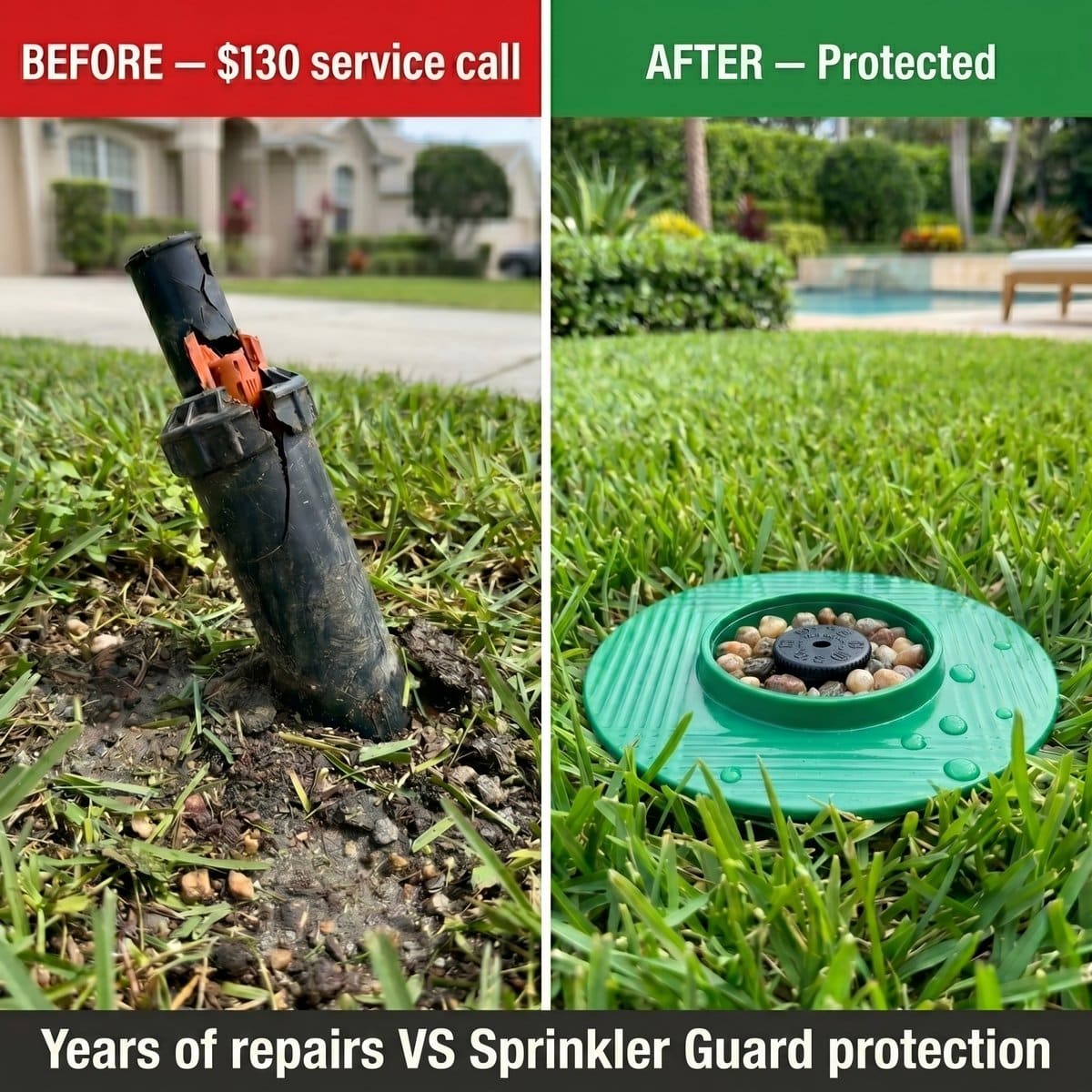 Before vs after — broken sprinkler head requiring service call vs Sprinkler-Guard protected head
