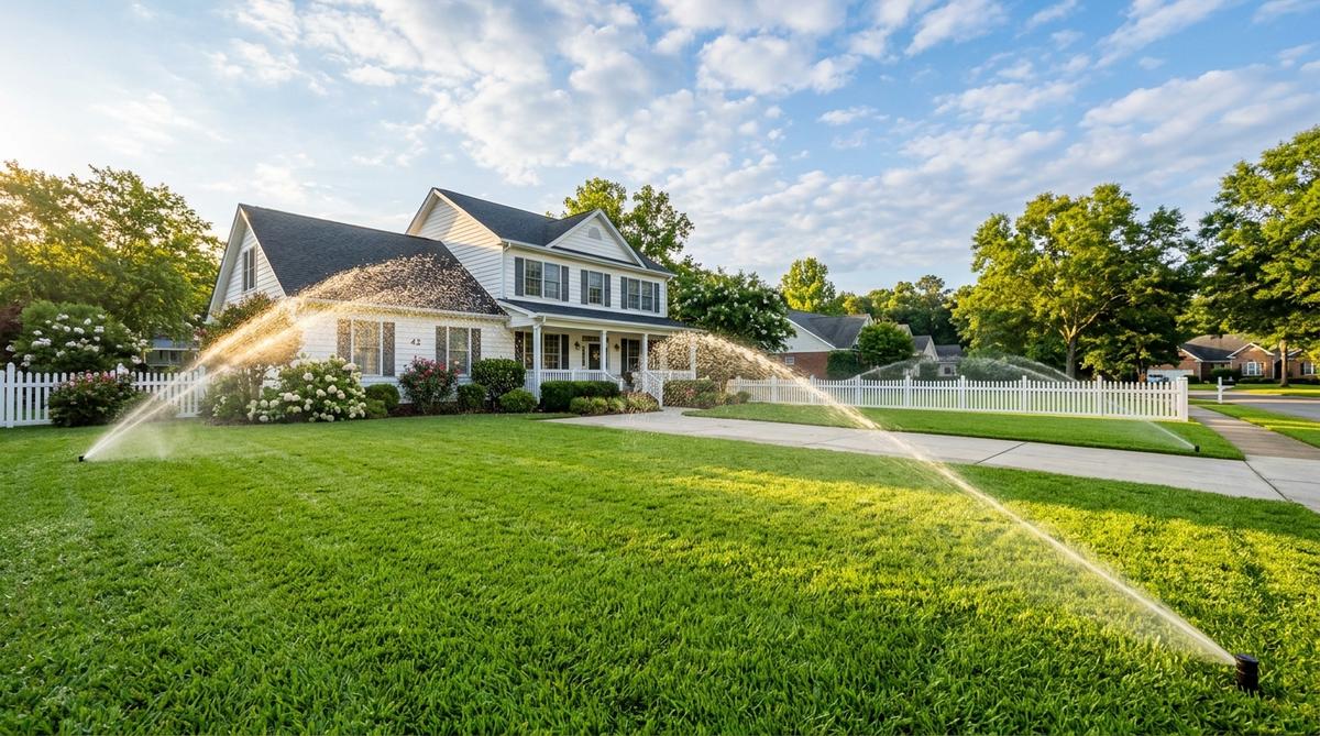 Beautiful green lawn with sprinkler system running on a sunny morning