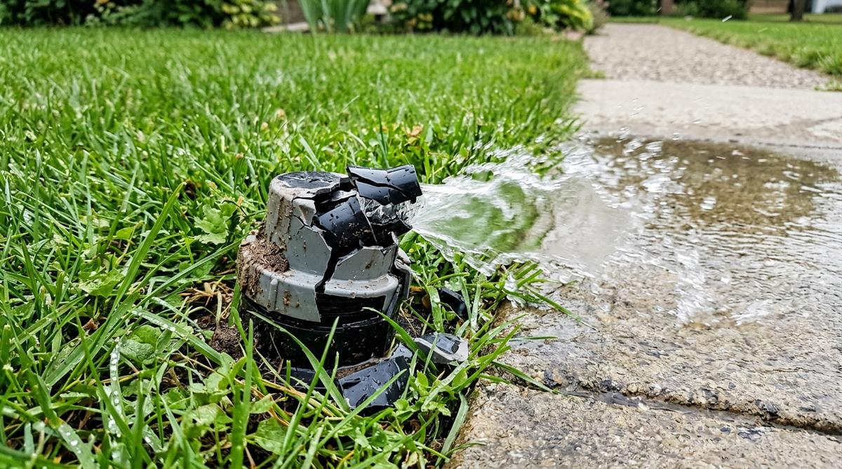 Broken sprinkler head spraying water onto sidewalk instead of lawn